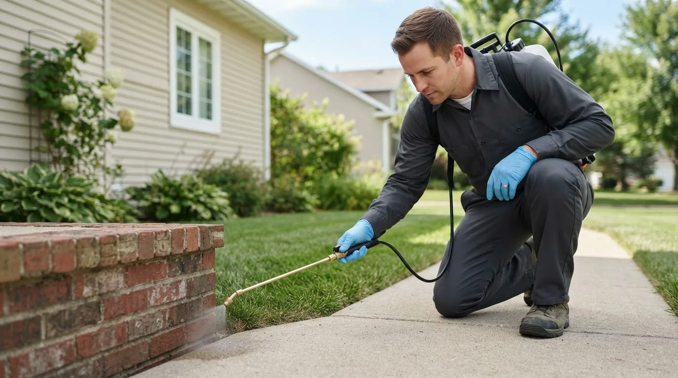 Pest control technician treating a home near Sulphur Springs, IN